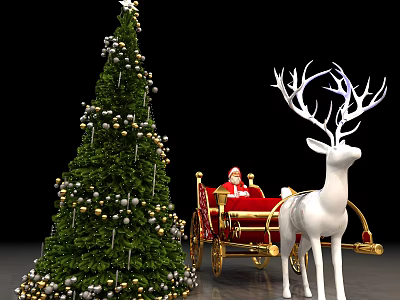 Decorated Christmas Tree With Santa Claus In Red Sleigh And White Reindeer 3d model