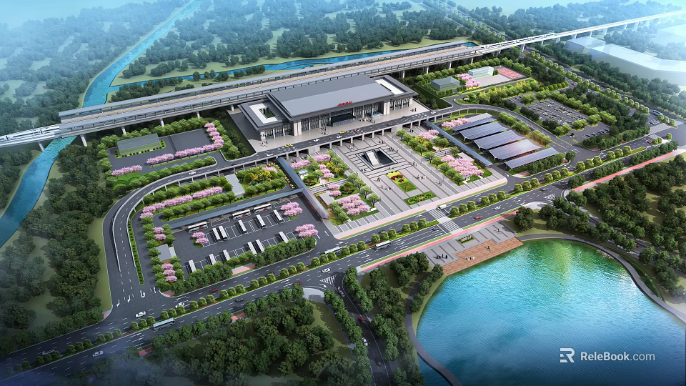 Aerial Planning View of Urban Transportation Hub with Station Parking Lot Green Spaces and River 3d model 