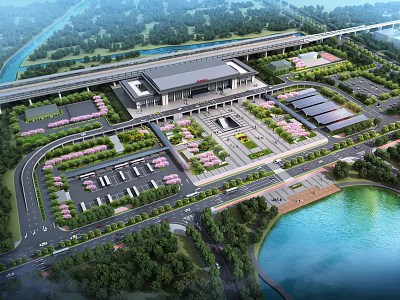 Aerial Planning View of Urban Transportation Hub with Station Parking Lot Green Spaces and River 3d model