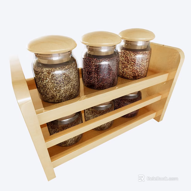 Clear Glass Spice Jars with Wooden Lids on Two Tiered Wooden Rack Storing Grains 3d model 