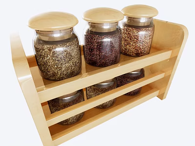 Clear Glass Spice Jars with Wooden Lids on Two Tiered Wooden Rack Storing Grains 3d model