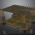 Architectural Structure Featuring Wooden Lattice Roof Orange Brick Pillars Circular Bases Stone Slabs And Grass