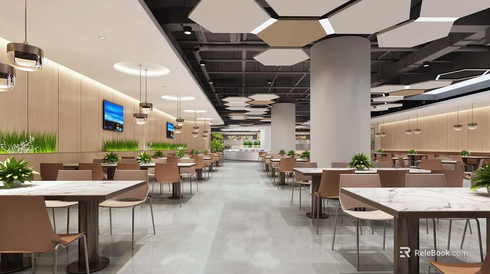 Modern Restaurant Interior With Tables Chairs Hanging Lights Plants And TV Screens 3d model 