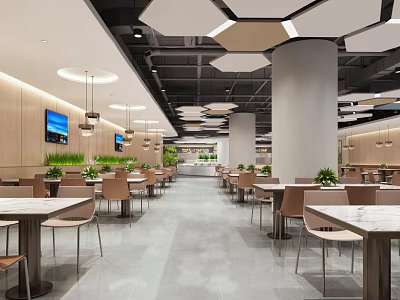 Modern Restaurant Interior With Tables Chairs Hanging Lights Plants And TV Screens 3d model