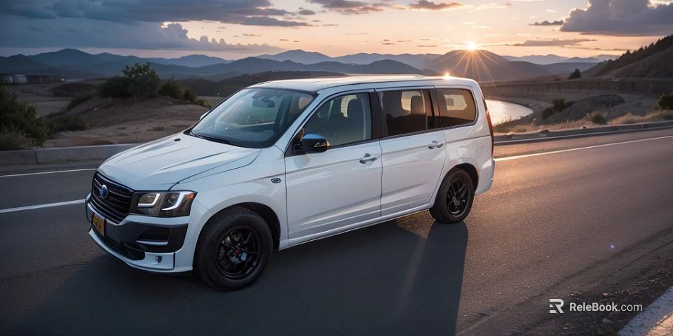 White SUV With Black Wheels On Road During Sunset Mountain Lake View 3d model 