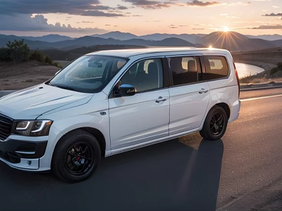White SUV With Black Wheels On Road During Sunset Mountain Lake View 3d model