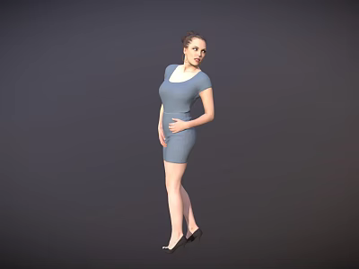 Woman In Fitted Blue Dress Standing With Black High Heels On Dark Gray Background 3d model