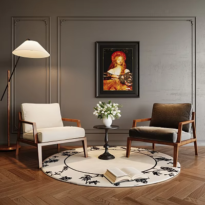 Pair Of Leisure Chairs With Wooden Armrests And Round Table On Area Rug 3d model