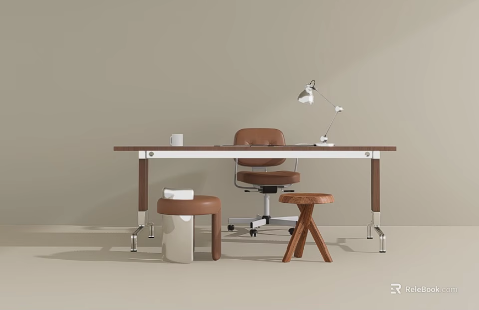 Modern Office Desk With Wooden Top Metal Legs Brown Chair Table Lamp And Stools 3d model 