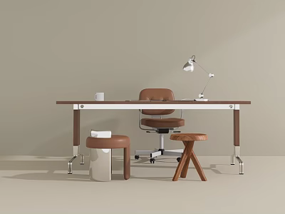 Modern Office Desk With Wooden Top Metal Legs Brown Chair Table Lamp And Stools 3d model