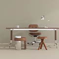 Modern Office Desk With Wooden Top Metal Legs Brown Chair Table Lamp And Stools