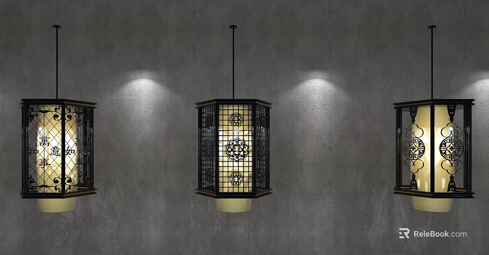 Three Elegant Pendant Lights with Black Frame Lattice Design Illuminating Gray Wall 3d model 