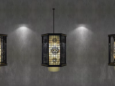 Three Elegant Pendant Lights with Black Frame Lattice Design Illuminating Gray Wall 3d model