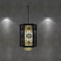 Three Elegant Pendant Lights with Black Frame Lattice Design Illuminating Gray Wall