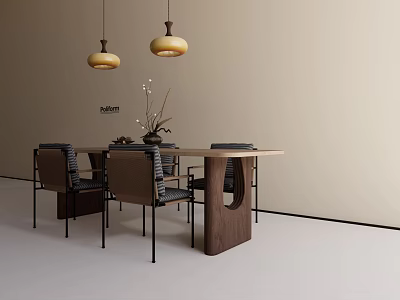 Modern Wooden Dining Table Combination With Chairs Pendant Lights And Vase Decor 3d model