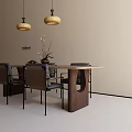 Modern Wooden Dining Table Combination With Chairs Pendant Lights And Vase Decor