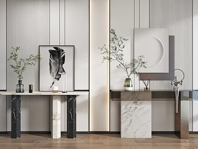 Modern Console Table Interior With Marble Surface Decorative Plants And Striped Wall 3d model