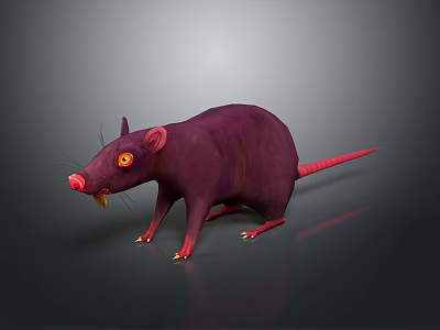 3D Purple Rat Character With Red Eyes Yellow Teeth Pink Ears Tail On Gray Background 3d model