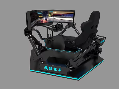 Professional Racing Simulator Cockpit With Multiple Screens Steering Wheel And Seat 3d model
