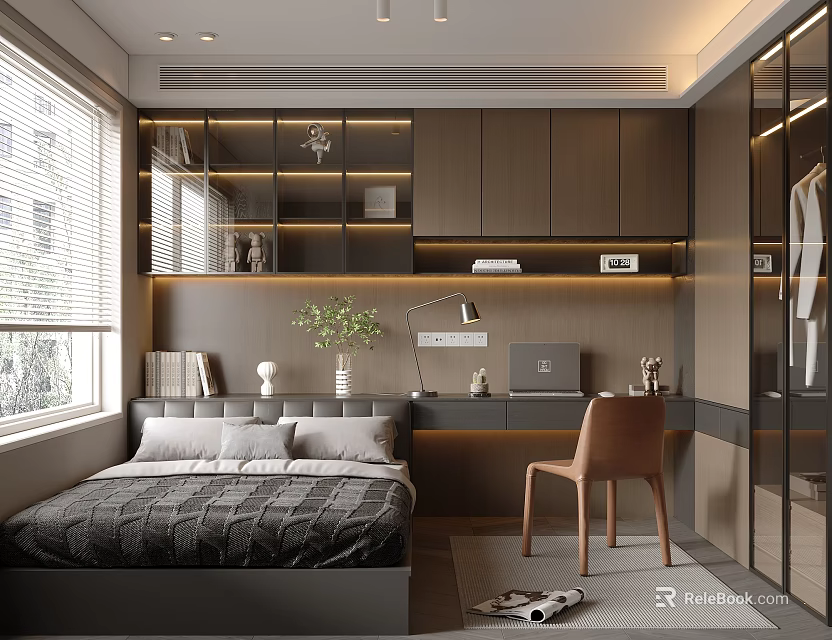 Modern Tatami Bedroom Interior Design With Built in Bookshelves Desk Chair And Wardrobe 3d model 