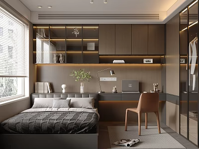 Modern Tatami Bedroom Interior Design With Built in Bookshelves Desk Chair And Wardrobe 3d model