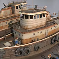 Two Old Rusty Tugboats With Parts Tools And Mechanical Equipment