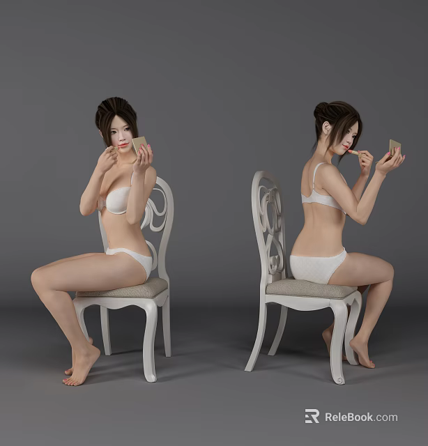 Woman in White Lingerie Sitting on White Carved Chair Holding Makeup Item 3d model 