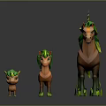 Three Unicorns With Green Manes Horns And Brown Bodies On Reflective Surface