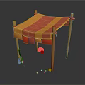 Tented Canopy Structure With Orange Red Striped Fabric Wooden Legs White Balls And Metal Tool
