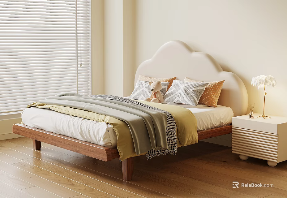 Kids Bed with Cloud Shaped Headboard Wooden Frame Soft Blankets and Patterned Pillows 3d model 