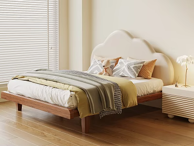 Kids Bed with Cloud Shaped Headboard Wooden Frame Soft Blankets and Patterned Pillows 3d model