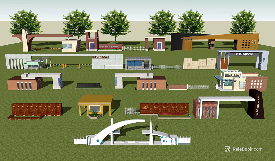 Various Entrance Gate Designs In Different Architectural Styles With Green Trees And Landscape 3d model 