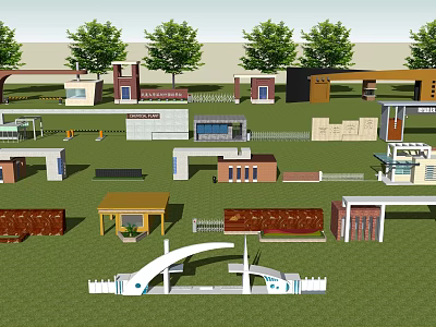 Various Entrance Gate Designs In Different Architectural Styles With Green Trees And Landscape 3d model