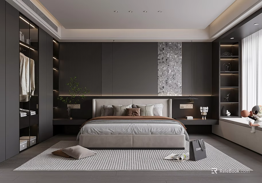 Modern Bedroom Interior With Dark Wardrobe Textured Wall Area Rug And Decorative Painting 3d model 