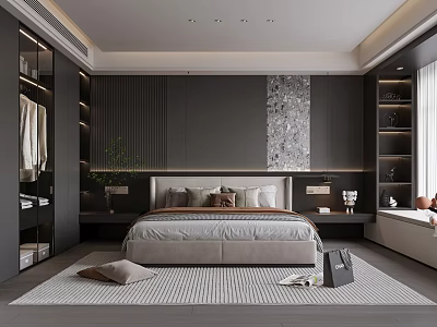 Modern Bedroom Interior With Dark Wardrobe Textured Wall Area Rug And Decorative Painting 3d model