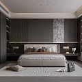Modern Bedroom Interior With Dark Wardrobe Textured Wall Area Rug And Decorative Painting