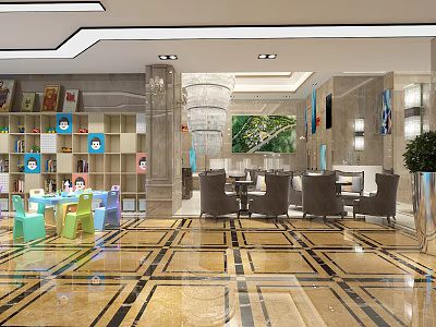Modern Luxury Sales Office Lobby With Elegant Sofas Chandeliers And Property Models 3d model