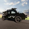 Black and Gray Functional Vehicle With Large Wheels Roof Equipment And White Lines On Road