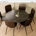 Modern Round Dark Marble Dining Table Set With Six Wooden Chairs And Metal Legs