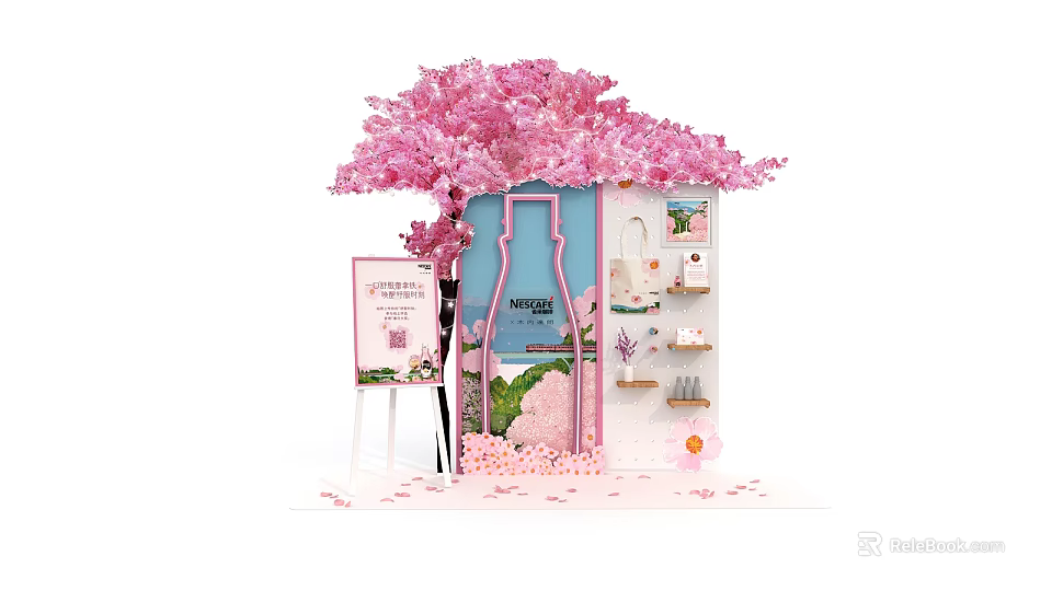 Pink Cherry Blossom Themed Exhibition Booth with New Leaf Brand Product Display and Sign 3d model 
