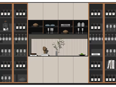 Modern Wine Cabinet With Wine Bottles Glasses And Decorative Display Shelves 3d model