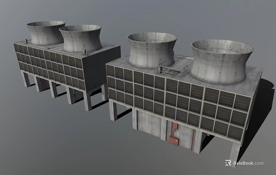 Industrial Cooling Towers With Concrete Structures In Manufacturing Facility 3d model 