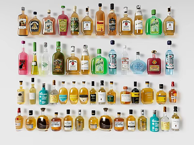 Various Colorful Alcohol Beverage Bottles Collection Display With Different Shapes Sizes And Labels 3d model