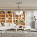 Modern Living Room Interior With White Sofa Arched Shelves Brown Armchair And Gold Coffee Tables