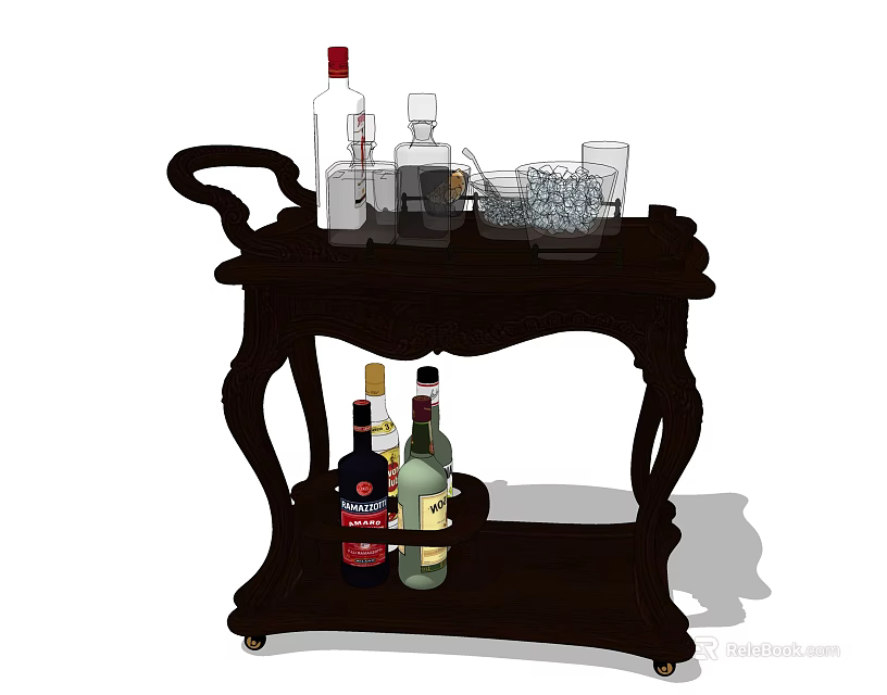 Elegant Wooden Bar Cart With Assorted Liquor Bottles And Glassware 3d model 
