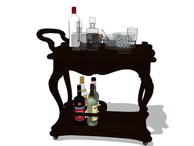 Elegant Wooden Bar Cart With Assorted Liquor Bottles And Glassware 3d model