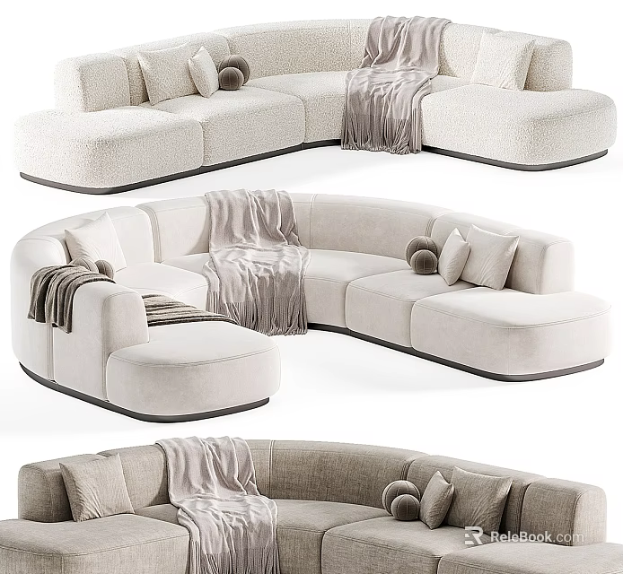 Modern Curved Sectional Sofa With Neutral Tone Upholstery Decorative Pillows And Soft Blankets 3d model 