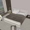 Modern Double Bed With Upholstered Headboard Neutral Bedspread Nightstand And Table Lamp On Area Rug