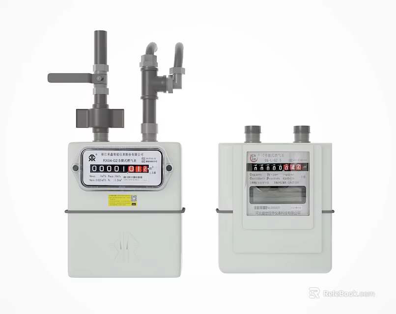 White Household Gas Meters With Digital Display And Pipe Connections 3d model 