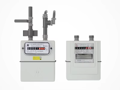White Household Gas Meters With Digital Display And Pipe Connections 3d model